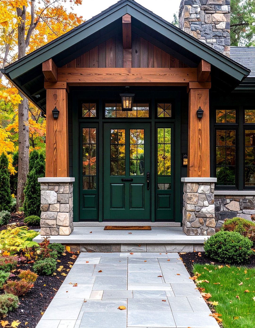 Dark Moss Green Craftsman Front Door with Decorative Glass - 25 Olive Green Front Door Ideas