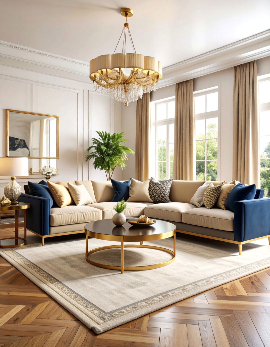 Dark Navy Living Room with Brass Accents - 25 Moody Living Room Ideas