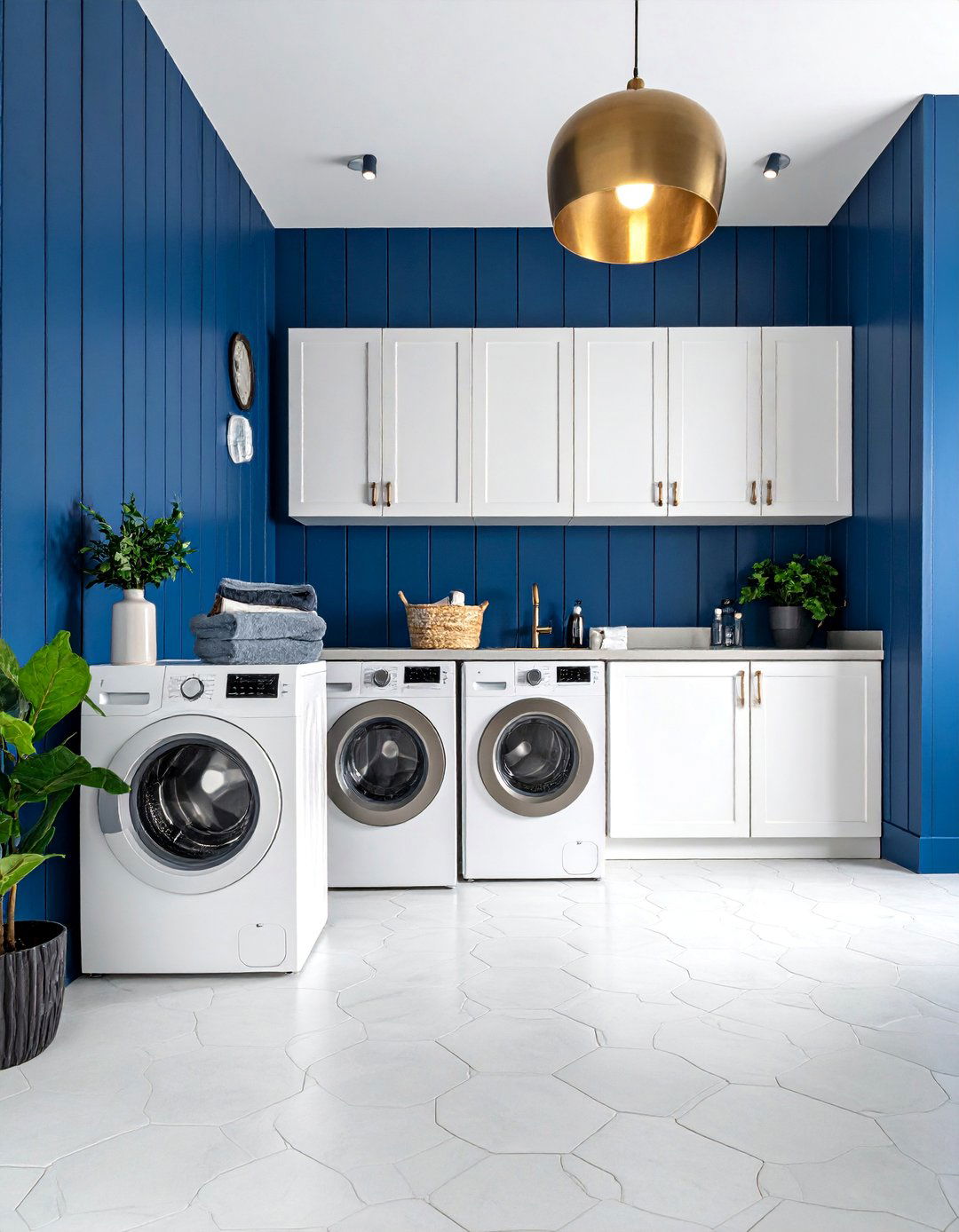 Dark Navy Vertical Shiplap Feature Wall - 25 Shiplap Laundry Room Ideas