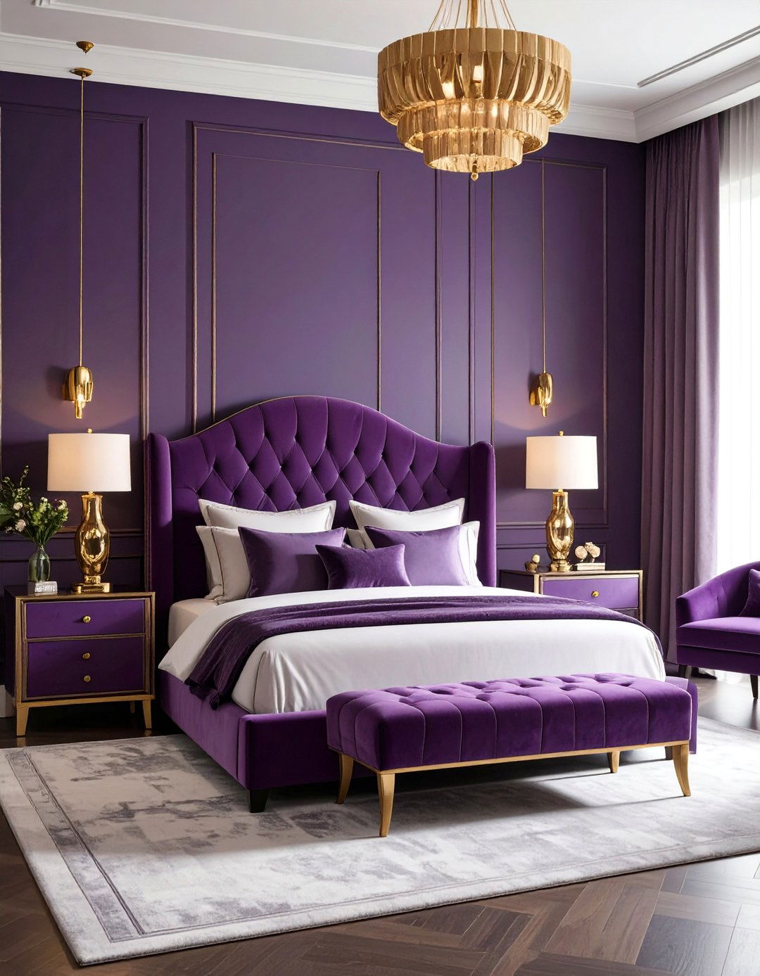 Dark Purple Art Deco Bedroom with Geometric Elements - 25 Dark Purple Bedroom Ideas