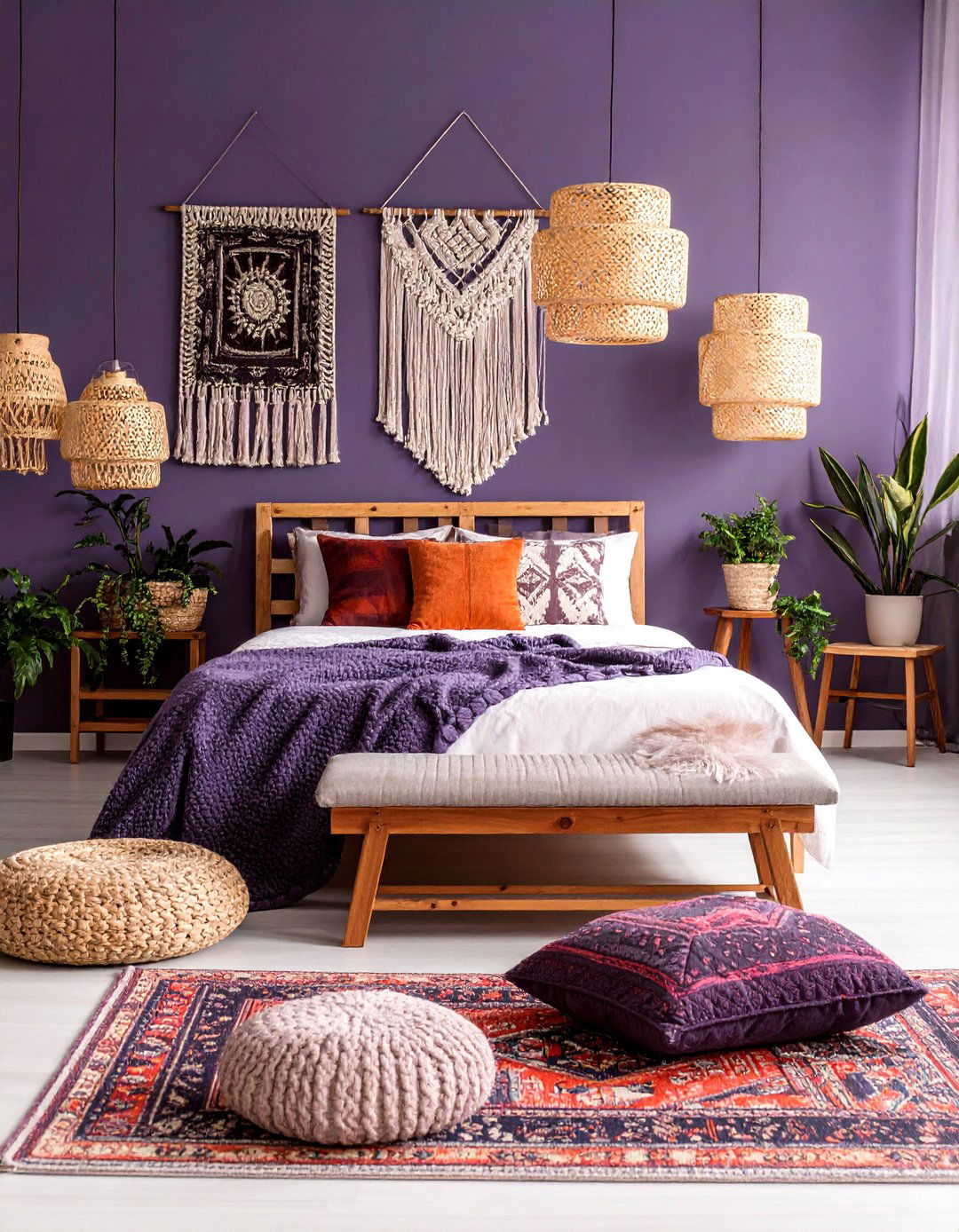 Dark Purple Bohemian Bedroom with Layered Textiles - 25 Dark Purple Bedroom Ideas