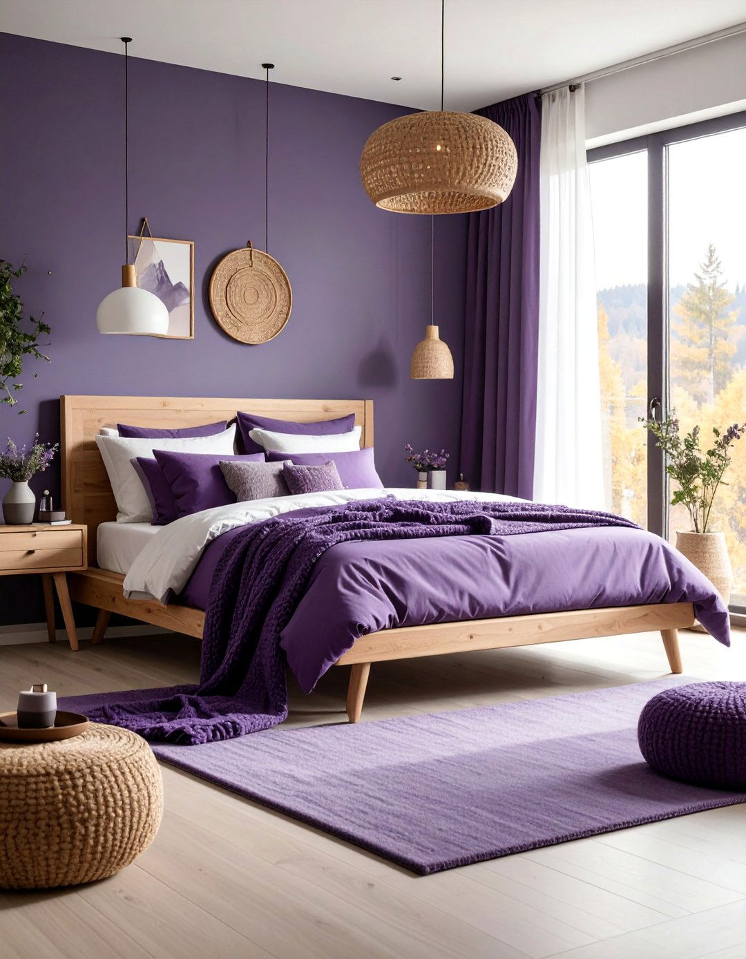 Dark Purple Scandinavian Bedroom with Natural Wood - 25 Dark Purple Bedroom Ideas