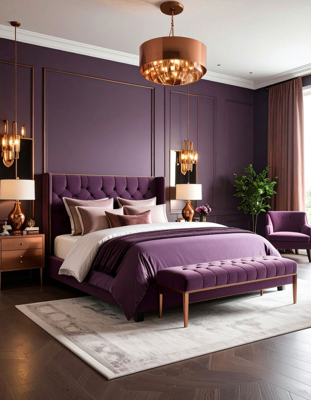 Dark Purple and Copper Bedroom with Warm Metals - 25 Dark Purple Bedroom Ideas