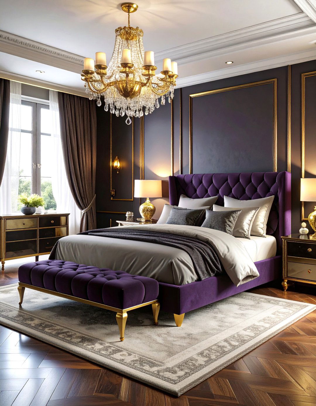 Dark Purple and Gold Luxury Bedroom with Metallic Accents - 25 Dark Purple Bedroom Ideas
