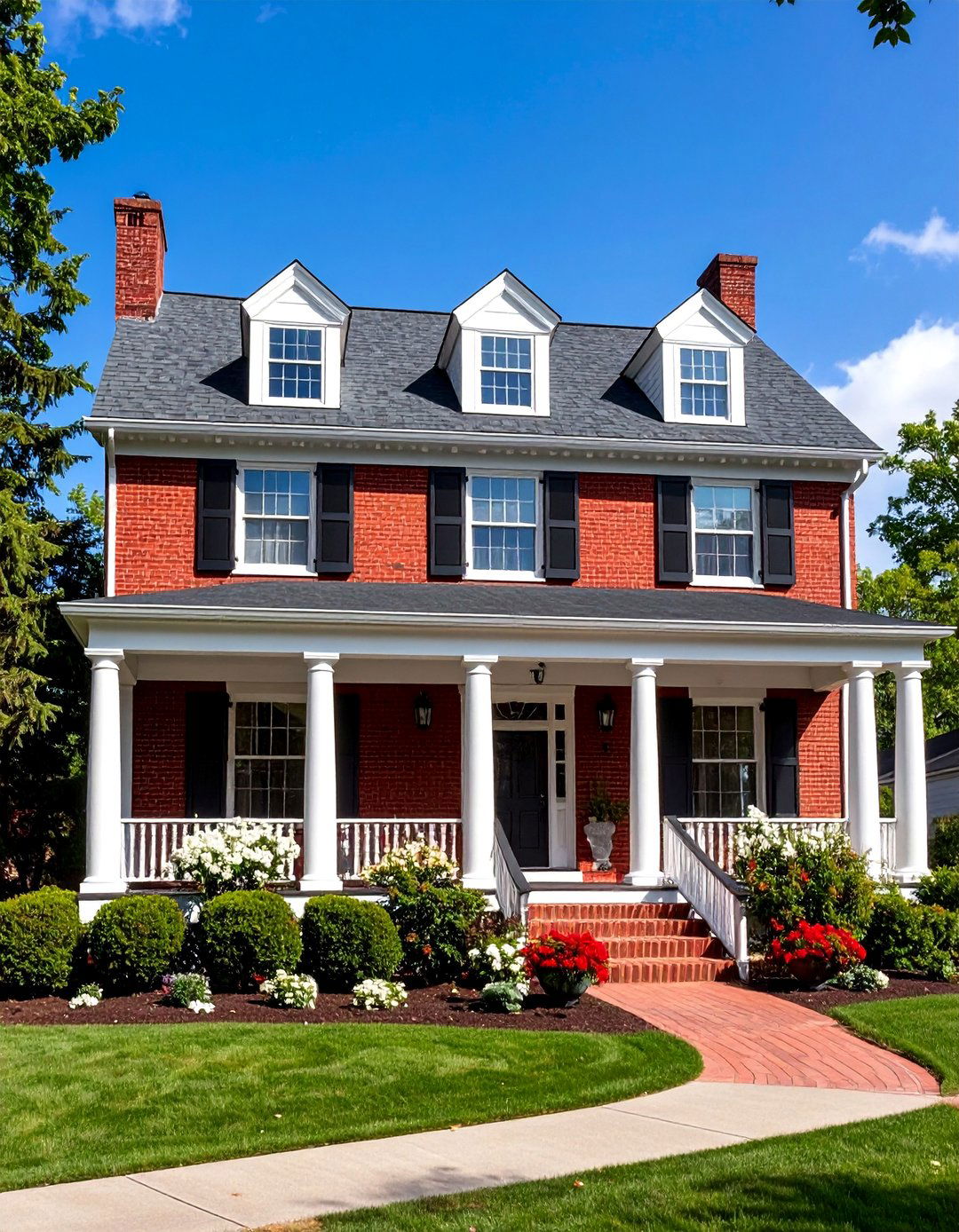Dark Red Brick Colonial with White Trim - 25 Dark Red House Exterior Ideas