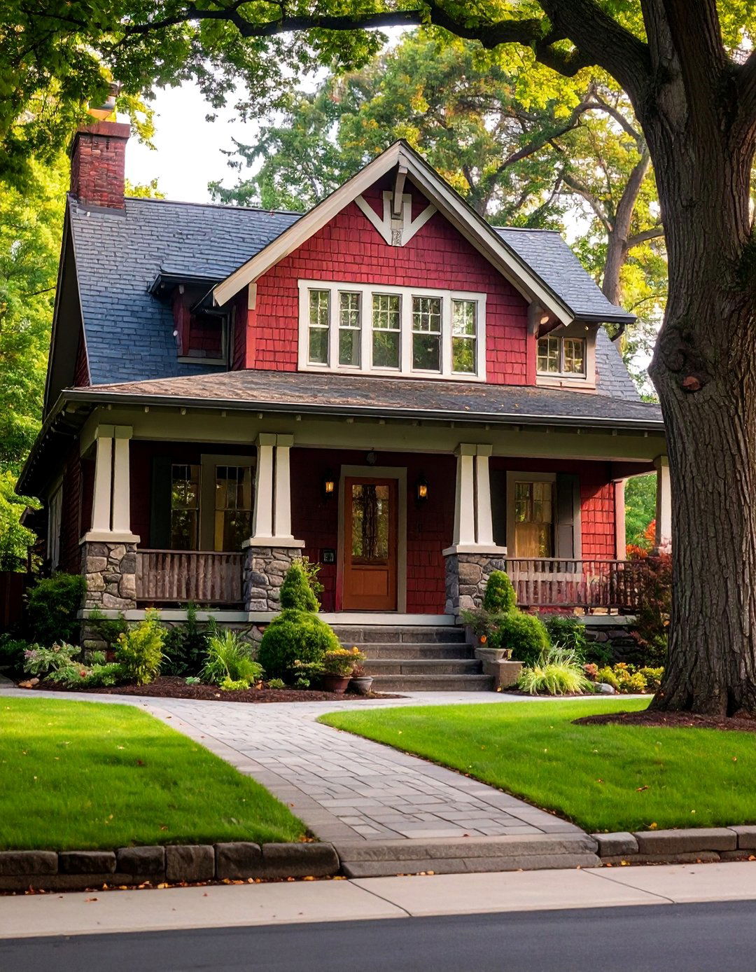 Dark Red Craftsman Bungalow with Stone Accents - 25 Dark Red House Exterior Ideas