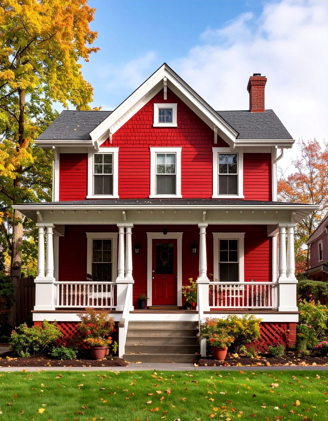 Dark Red Craftsman Foursquare with Front Porches - 25 Dark Red House Exterior Ideas
