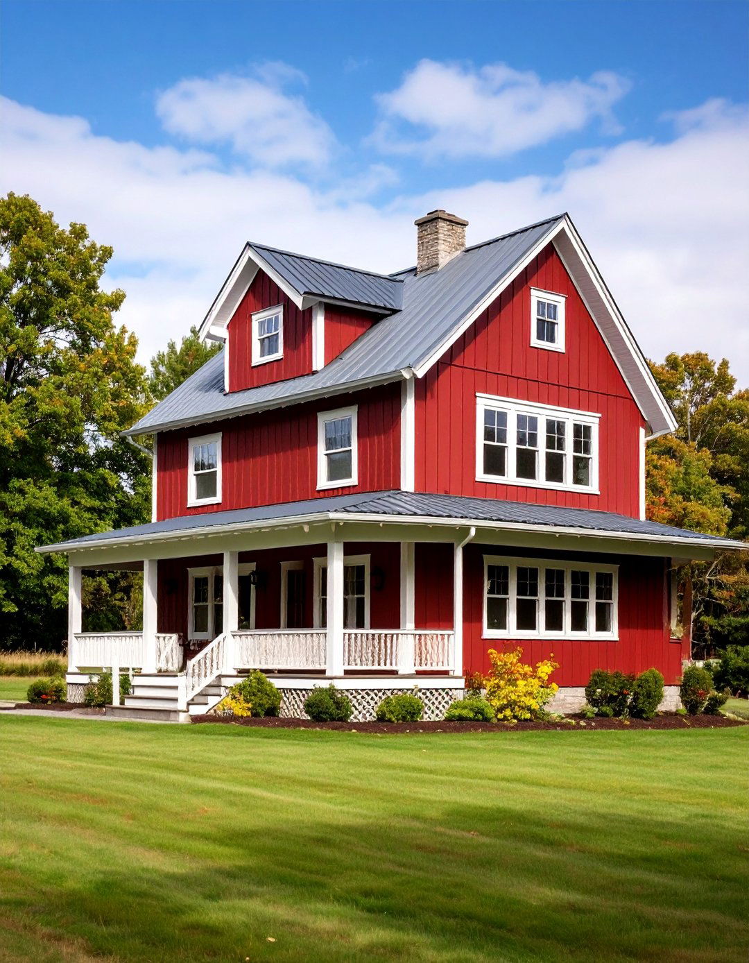 Dark Red Farmhouse with Board and Batten Siding - 25 Dark Red House Exterior Ideas