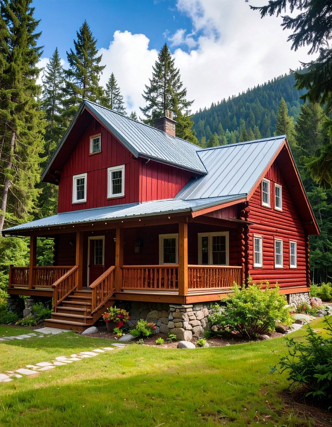 Dark Red Log Home with Chinking Details - 25 Dark Red House Exterior Ideas