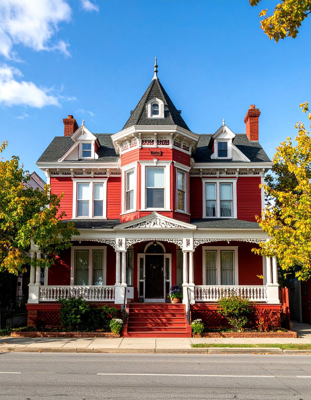 Dark Red Queen Anne with Corner Turrets - 25 Dark Red House Exterior Ideas