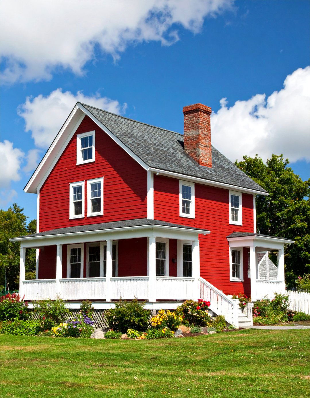 Dark Red Saltbox with Central Chimney - 25 Dark Red House Exterior Ideas