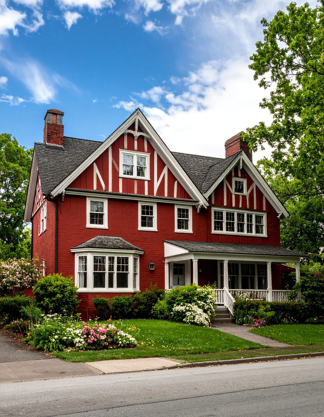 Dark Red Tudor Revival with Half Timbering - 25 Dark Red House Exterior Ideas