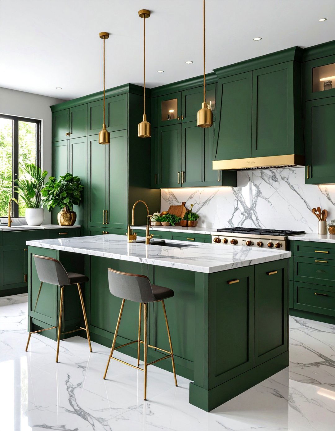 Dark Sage Green Kitchen with Marble and Brass - 25 Dark Kitchen Ideas
