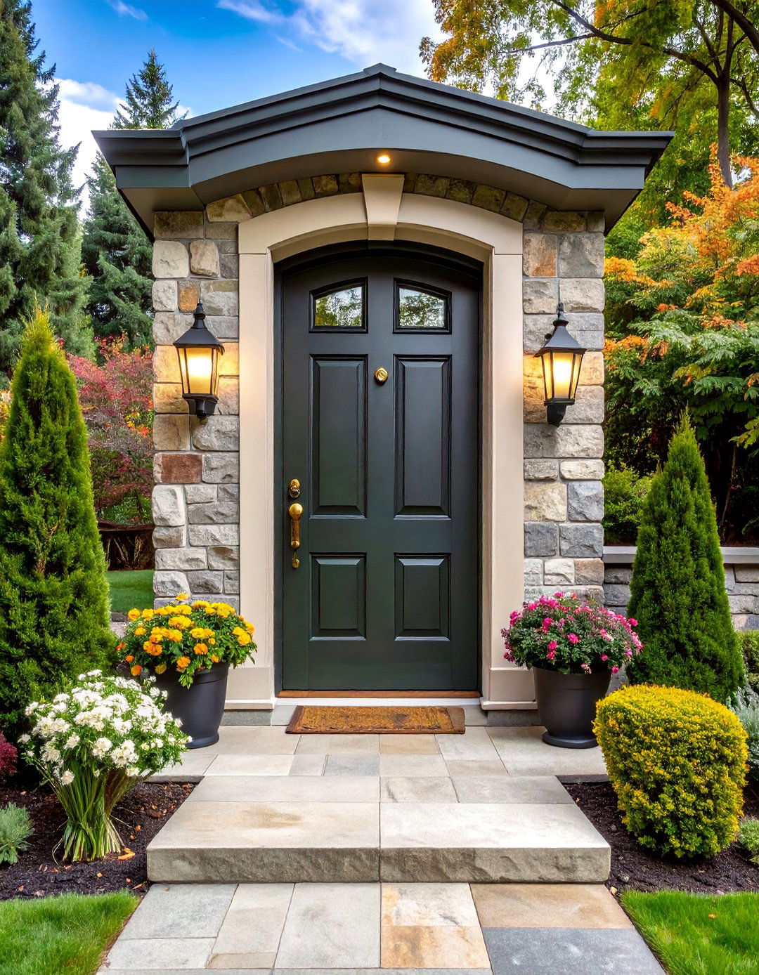 Dark Sage with Limestone Frame Details - 25 Dark Green Front Door Ideas