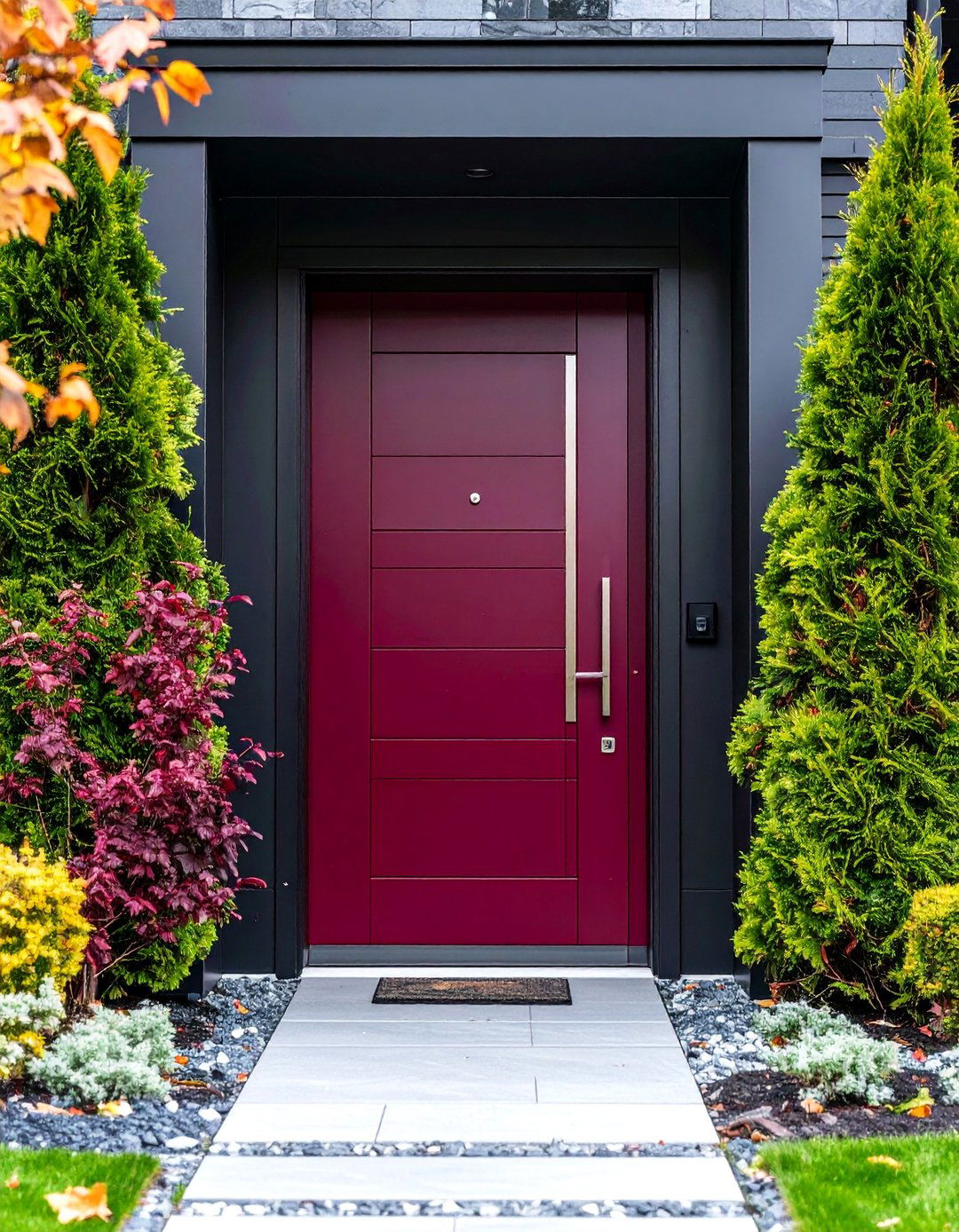 Dark Sangria Door with Modern Panel Design - 25 Dark Red Front Door Ideas
