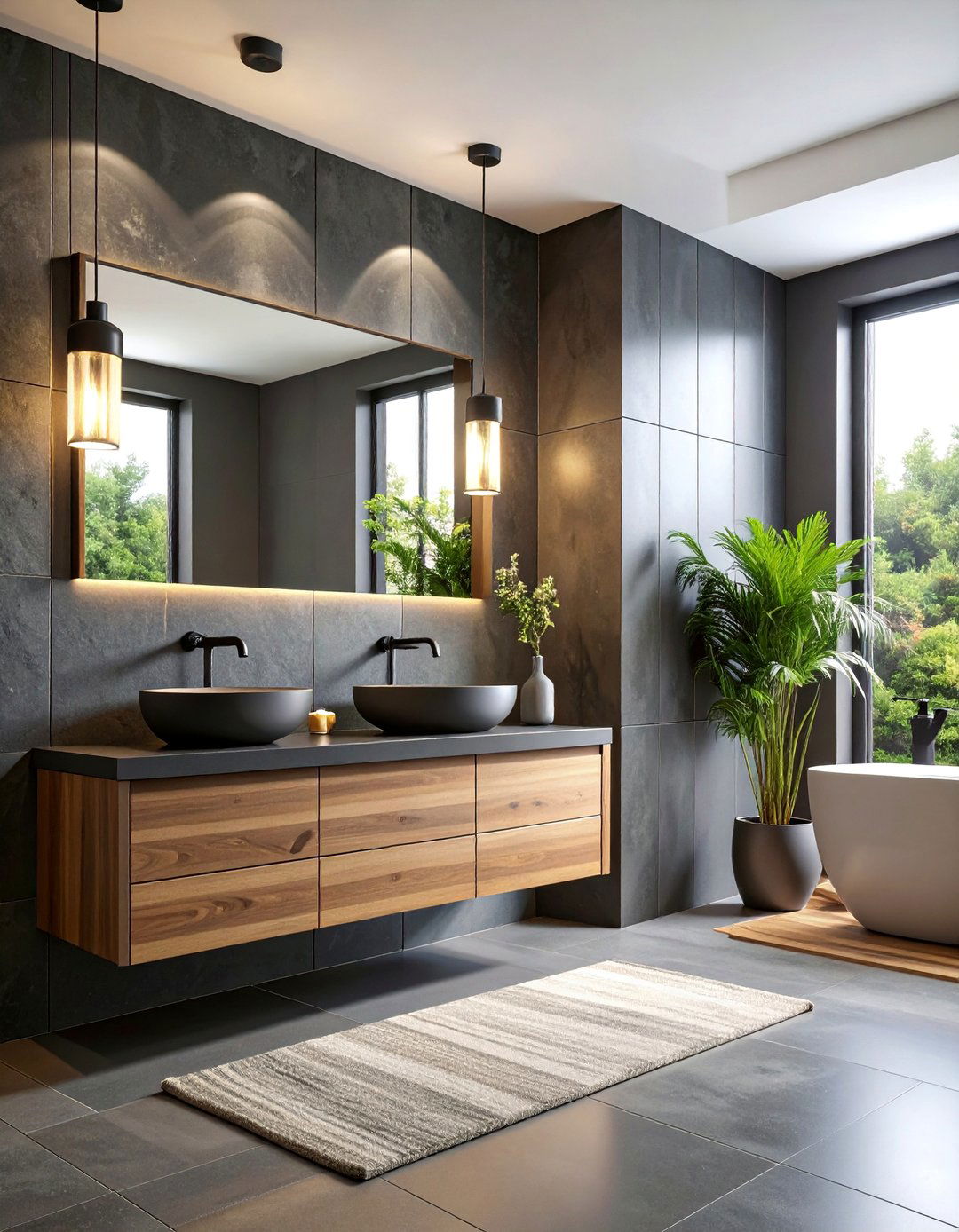 Dark Slate Half Wall Contemporary Luxury - 25 Half-wall Tile Bathroom Ideas