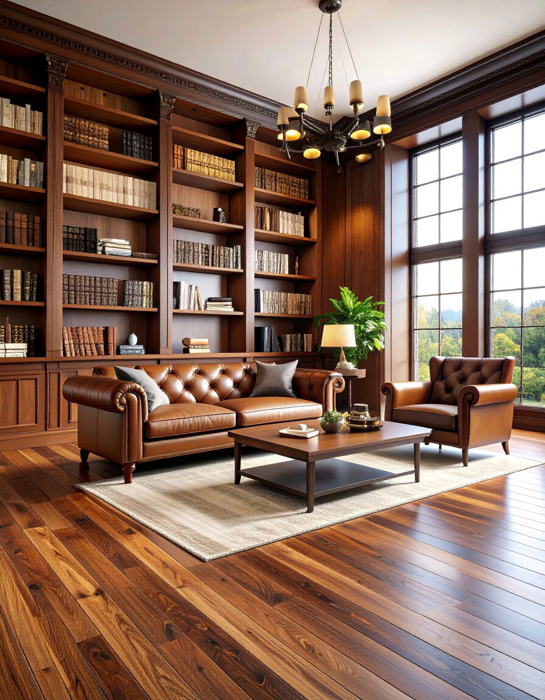 Dark Stained Oak Living Room with Library Sophistication - 25 Living Room Wood Floor Ideas