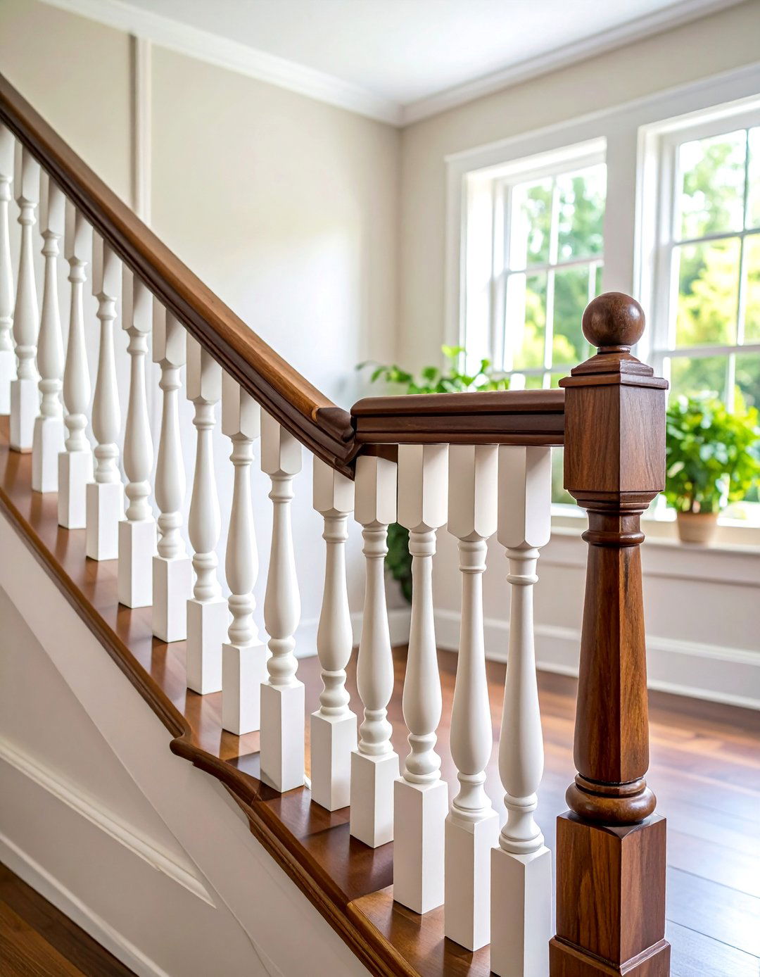 Dark Stained Wood Railing with White Balusters - 25 Wood Stair Railing Ideas