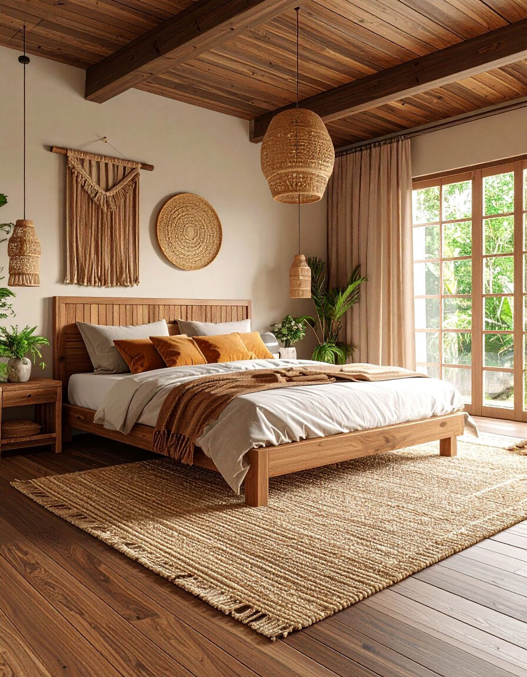 Dark Teak Bedroom with Natural Fiber Textures - 25 Dark Wood Bedroom Ideas