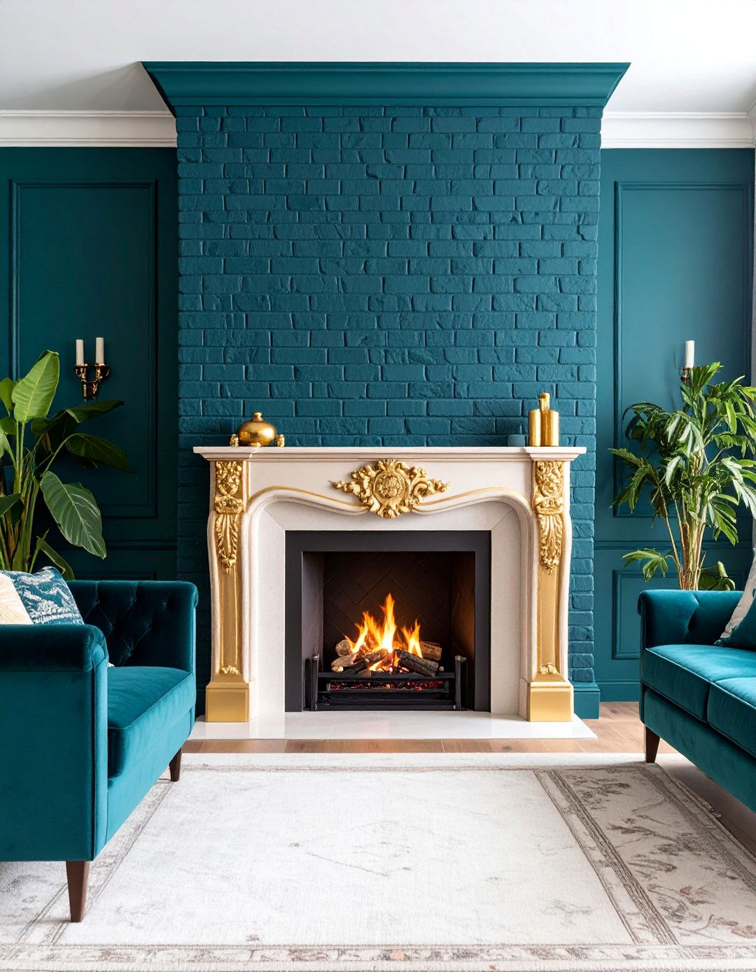 Dark Teal Bold Painted Fireplace - 25 Painted Brick Fireplace Ideas