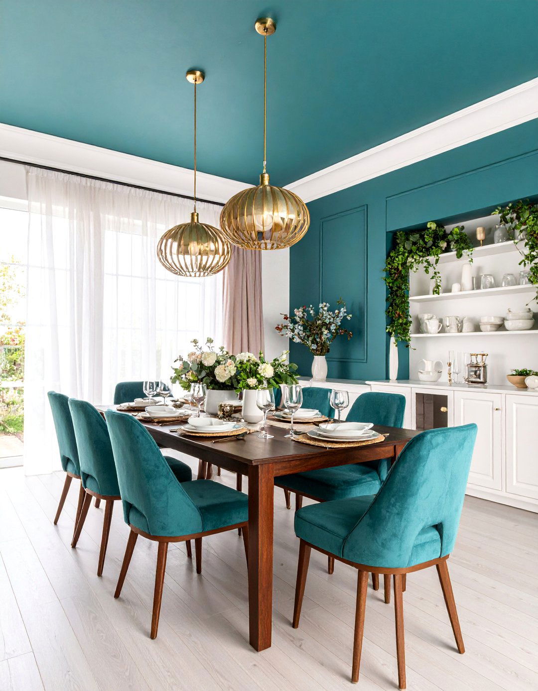 Dark Teal Ceiling with White Walls - 25 Teal Dining Room Ideas