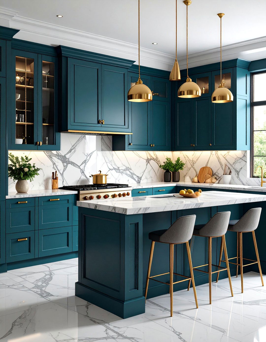 Dark Teal Dramatic Kitchen with Gold Hardware - 25 Teal Kitchen Ideas