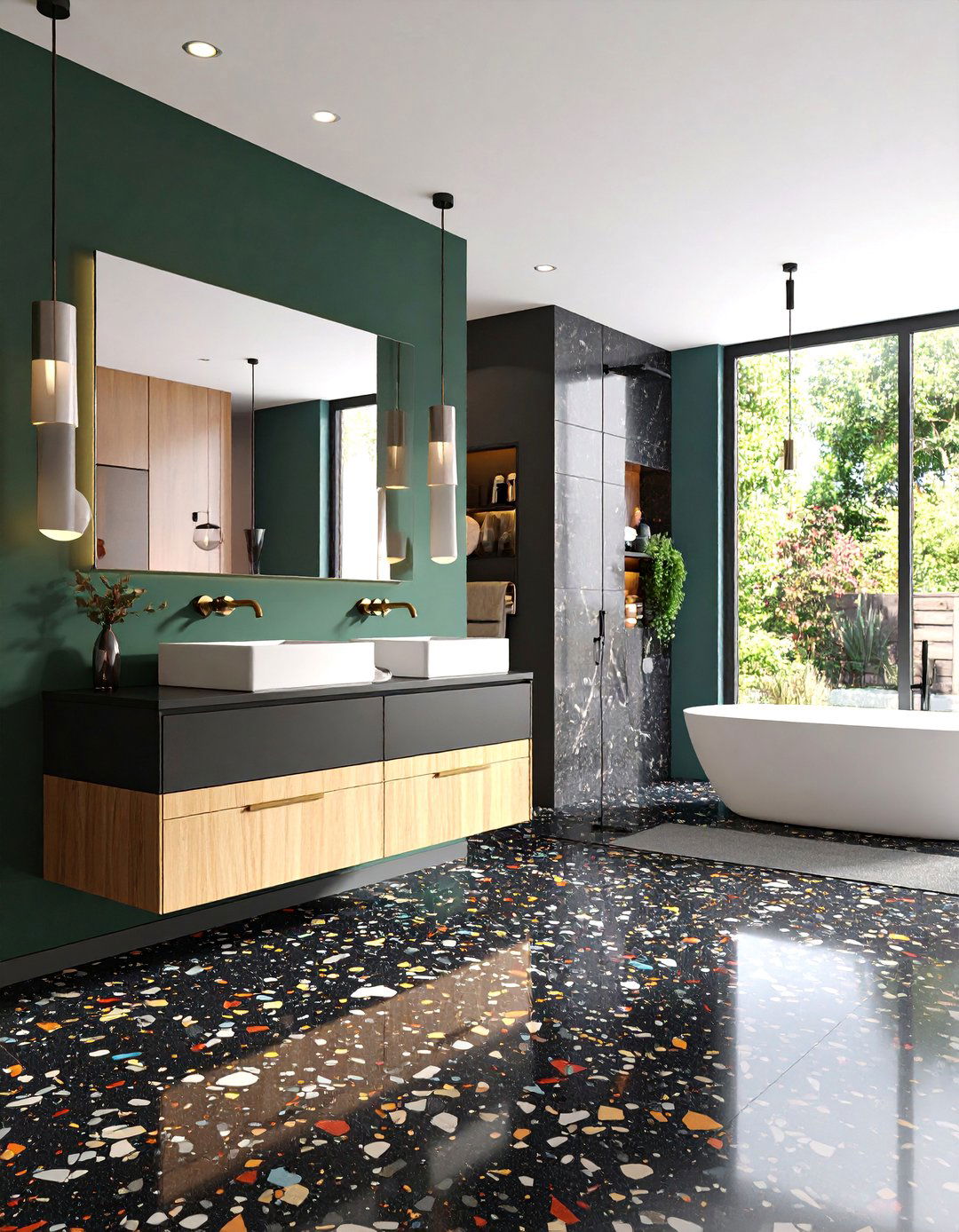 Dark Terrazzo Modern Black Floor Design - 25 Black Floor Bathroom Ideas