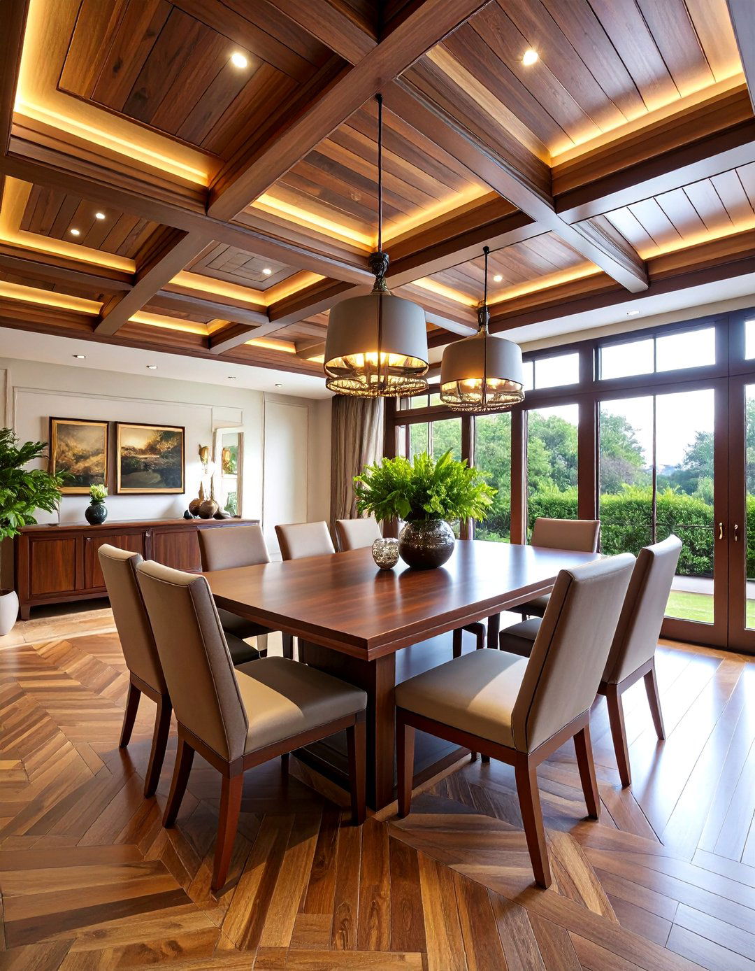 Dark Walnut Stained Coffered Plank Ceiling - 25 Wood Plank Ceiling Ideas