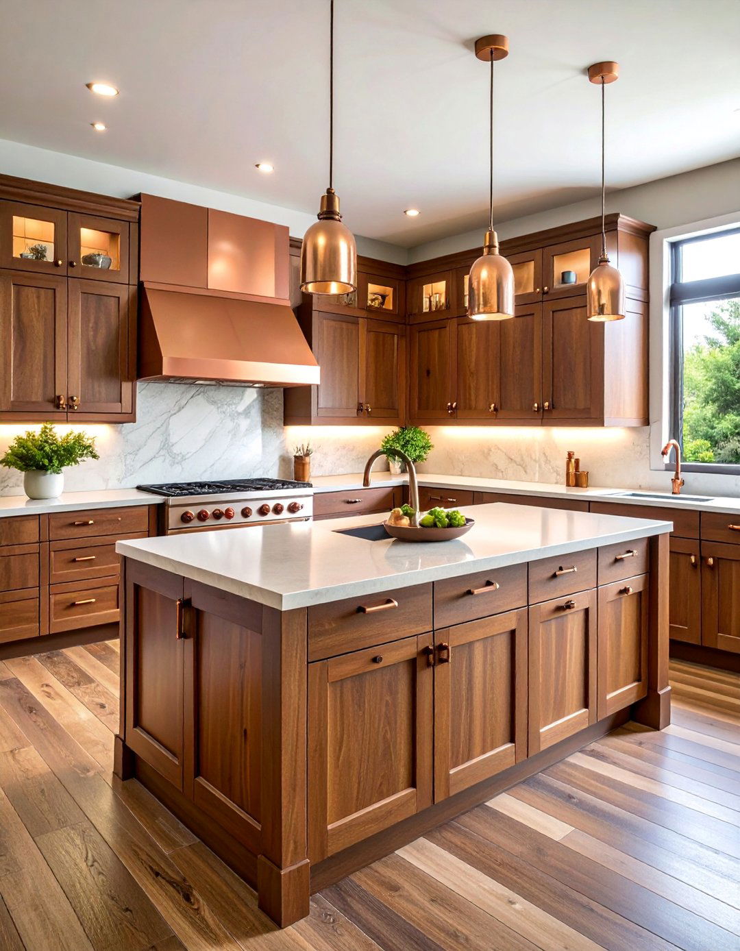 Dark Walnut Wood Cabinets with Copper Accents - 25 Dark Kitchen Ideas