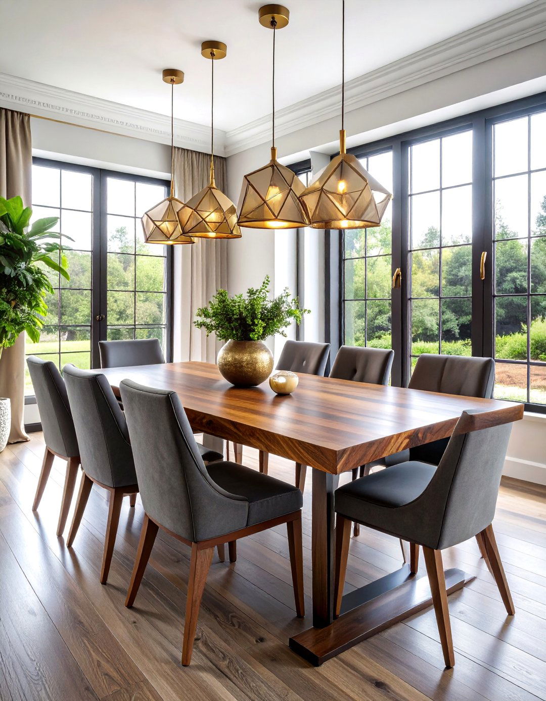 Dark Wood Contrast with White Walls and Brass Accents - 25 Modern Farmhouse Dining Room Ideas