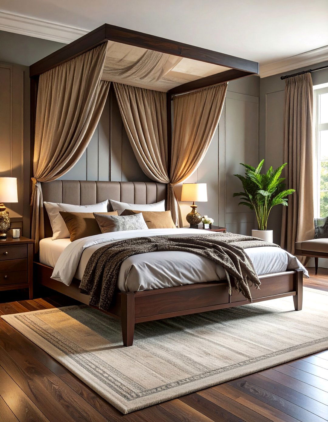 Dark Wood Four Poster Bedroom with Dramatic Drapery - 25 Dark Wood Bedroom Ideas