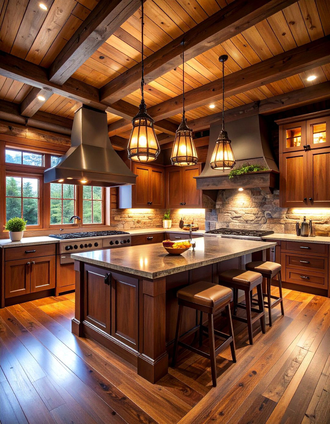 Dark Wood Log Cabin Kitchen with Stone Fireplace - 25 Log Cabin Kitchen Design Ideas
