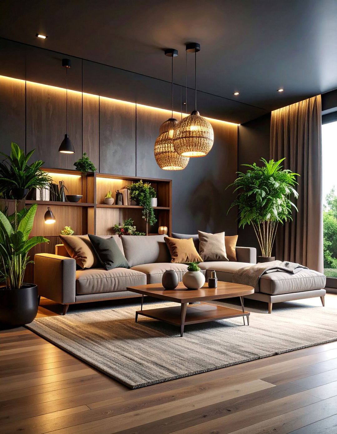 Dark Zen Living Room with Mood Lighting - 25 Zen Living Room Ideas