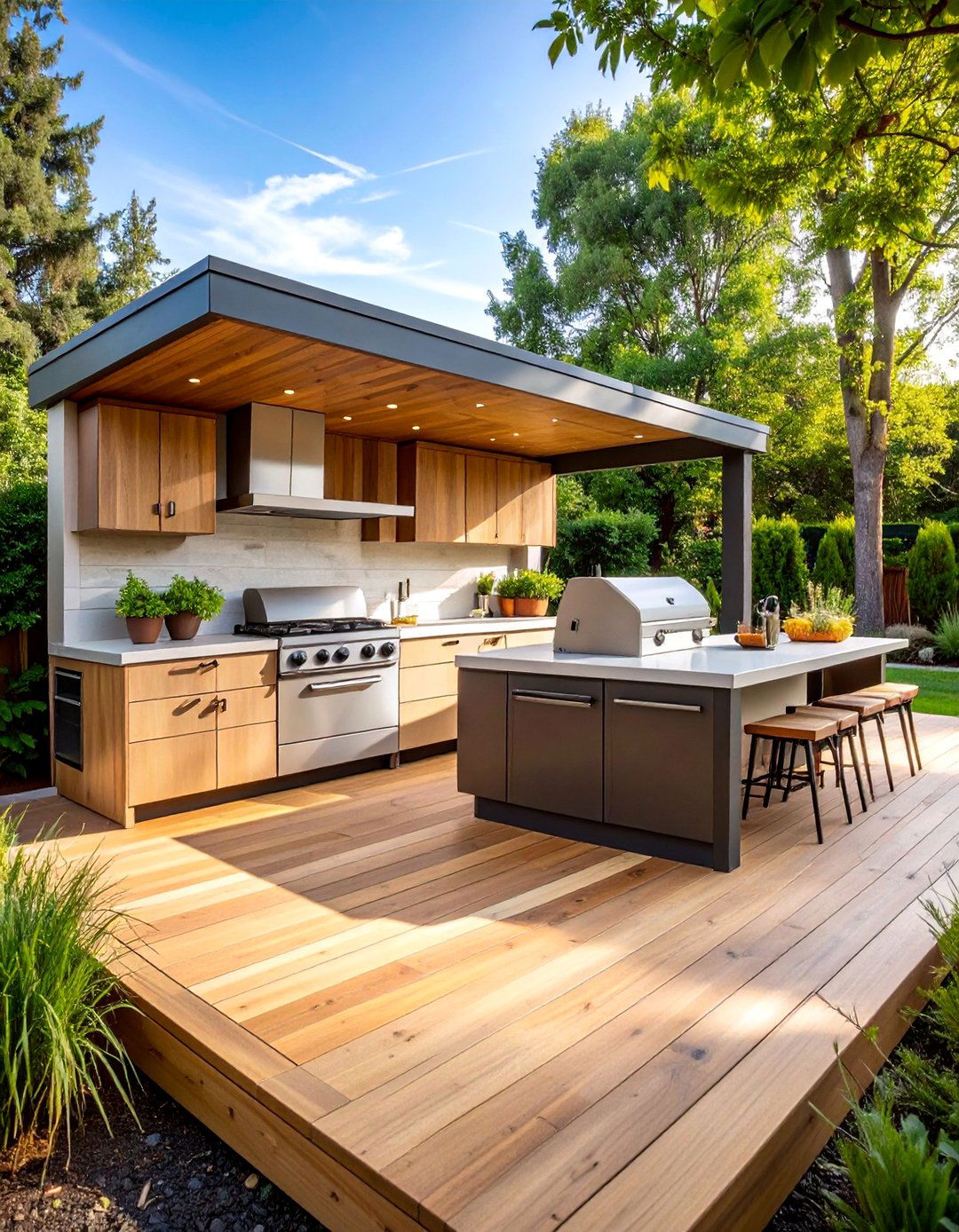 Deck with Integrated Outdoor Kitchen Area - 25 Backyard Deck Ideas on a Budget