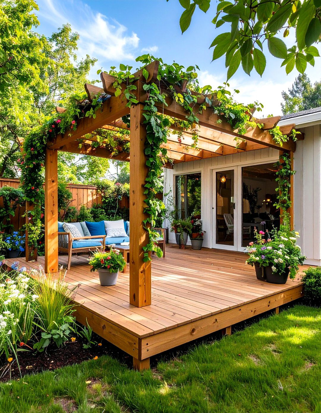 Deck with Integrated Pergola and Climbing Plants - 25 Mobile Home Deck Ideas