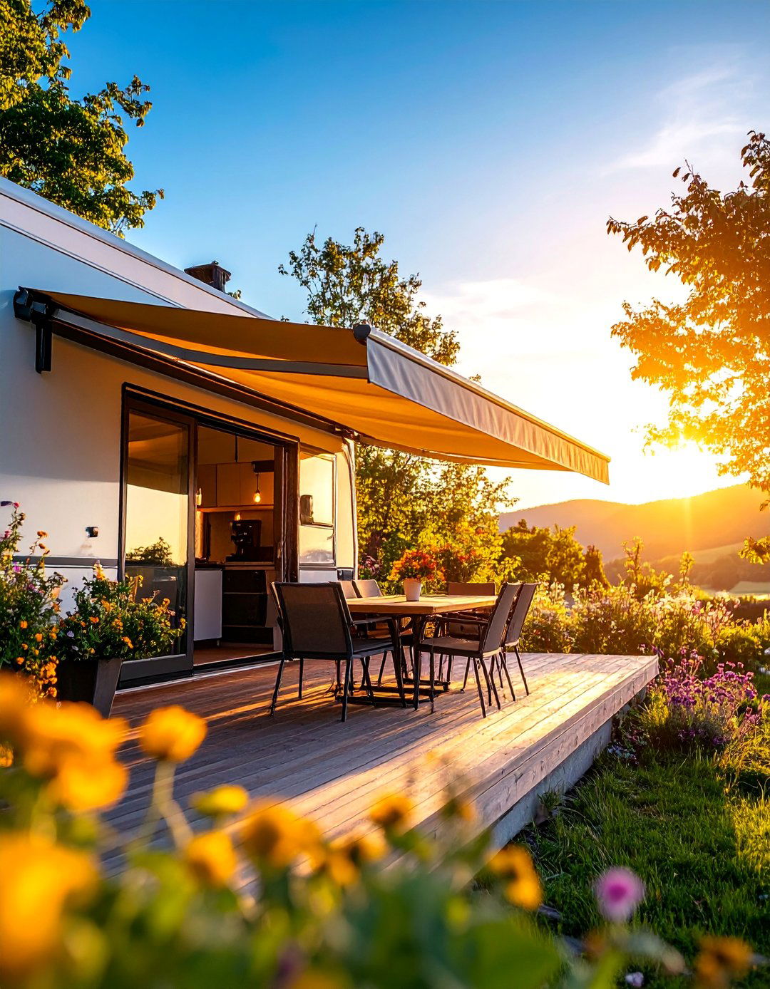 Deck with Retractable Awning and Flexible Shade - 25 Mobile Home Deck Ideas