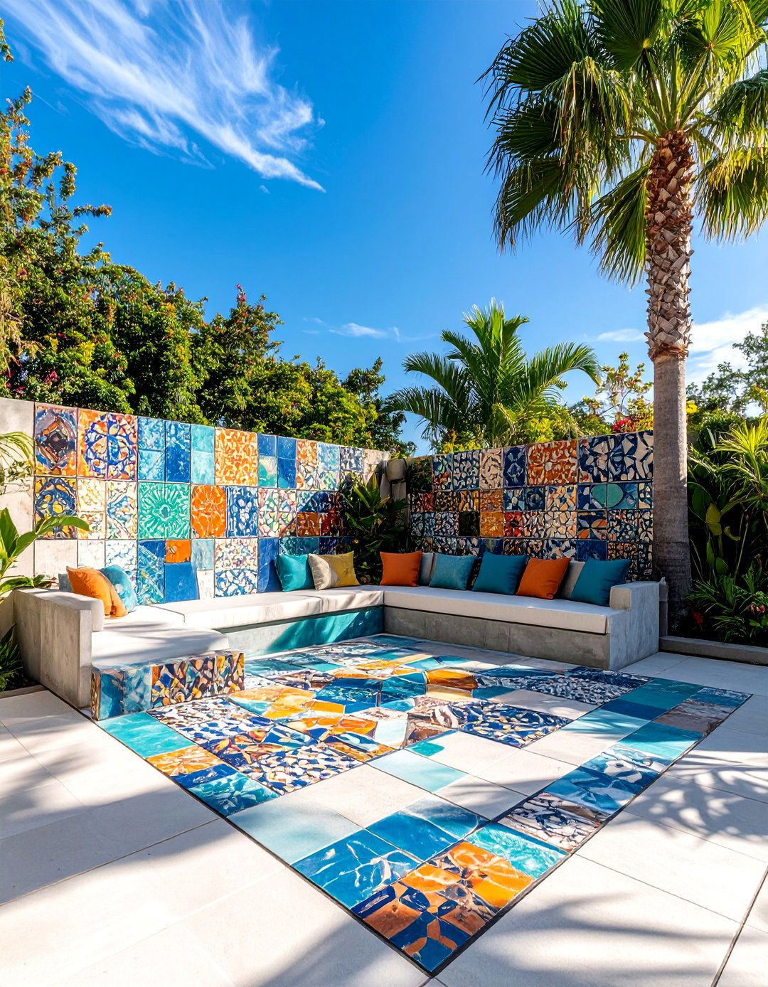 Decorative Concrete Block Wall with Colorful Mosaic Inlays - 25 Patio Wall Ideas