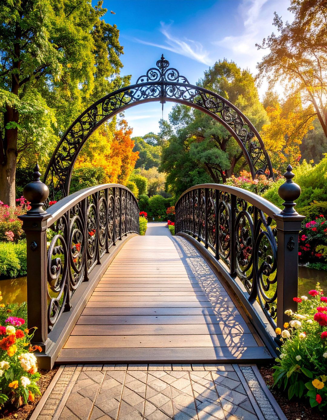 Decorative Metal Garden Bridge with Scrollwork - 25 Garden Bridge Ideas