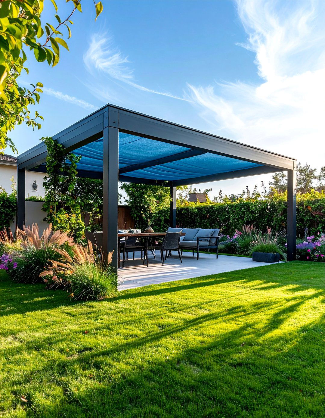 Decorative Metal Pergola with Retractable Fabric Garden Shade - 25 Garden Shade Ideas