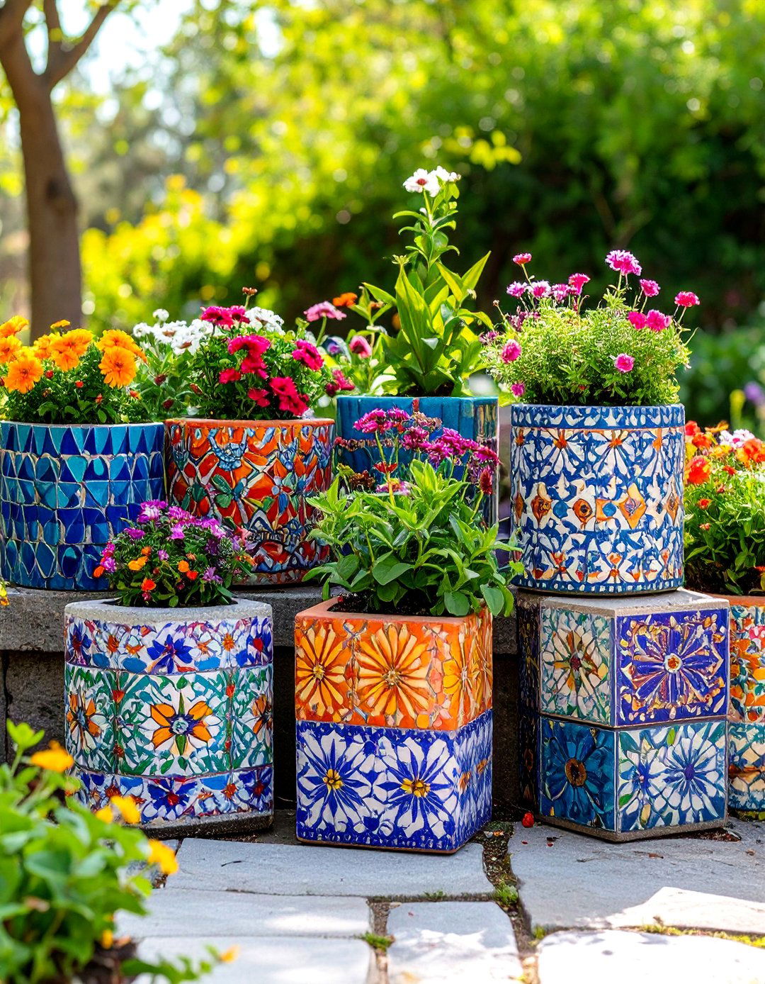 Decorative Mosaic Garden Planters - 25 Cinder Block Garden Ideas