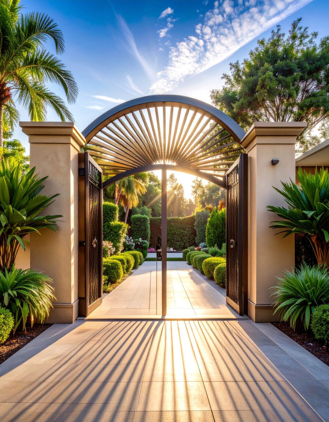 Decorative Sun Ray Pattern Gate with Radiant Design - 25 Metal Garden Gate Ideas