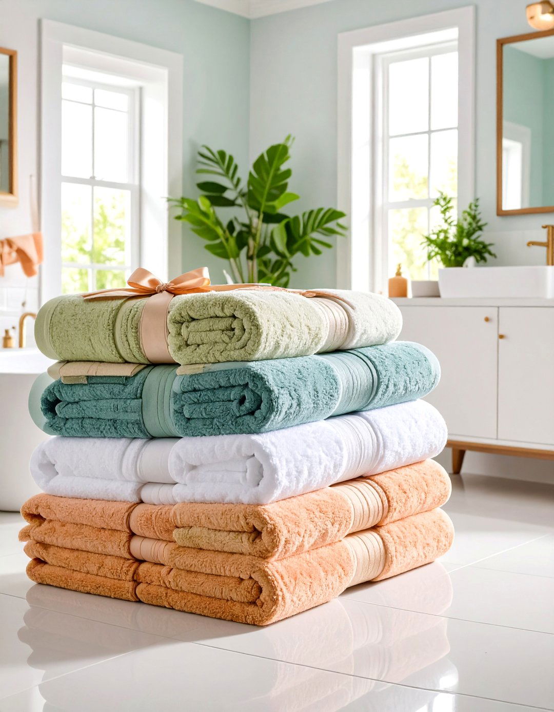 Decorative Towel Bundling with Coordinated Ribbon Organization - 25 Towel Storage Ideas
