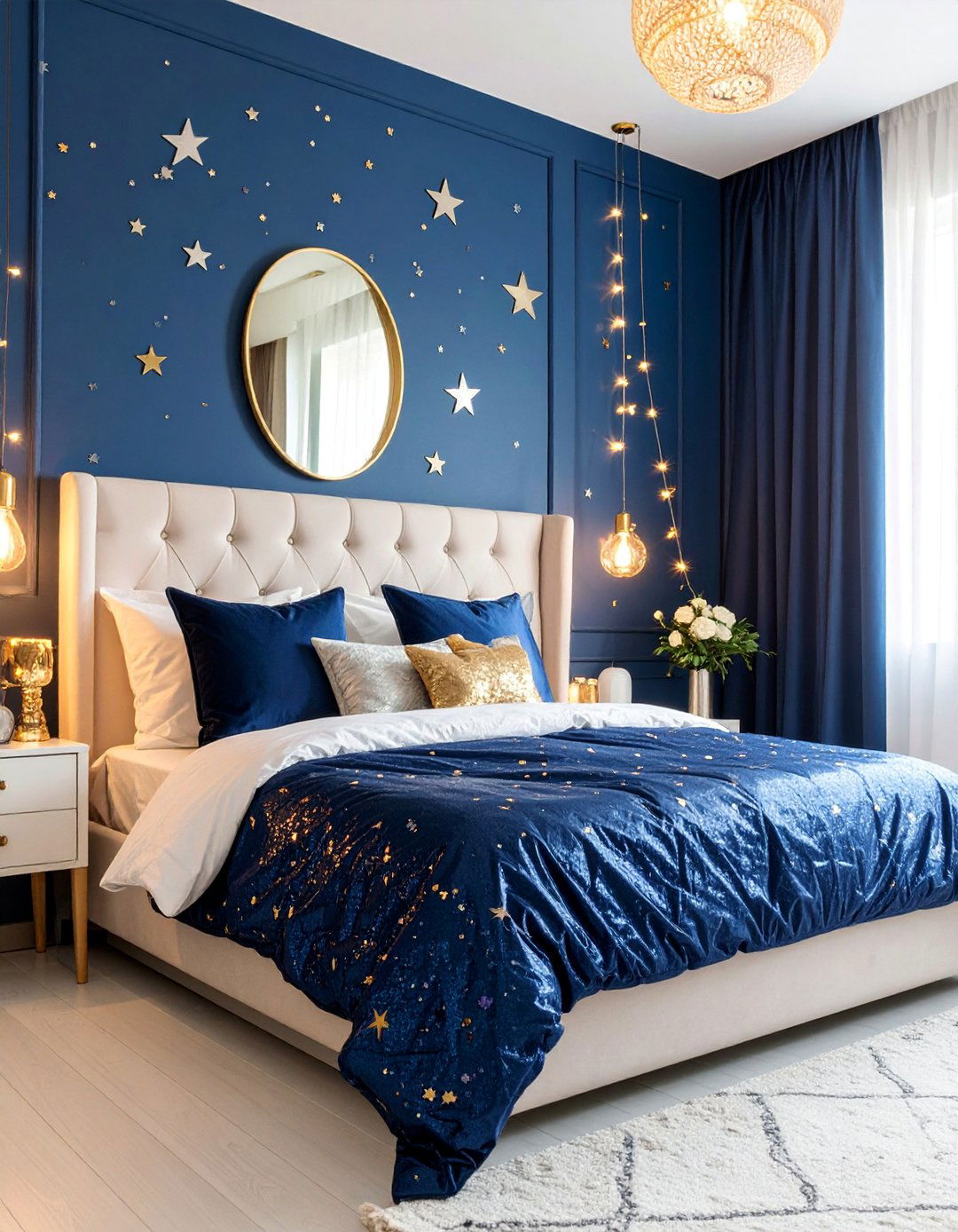 Deep Blue Celestial Theme with Starry Accents - 25 Moody Blue Bedroom Ideas