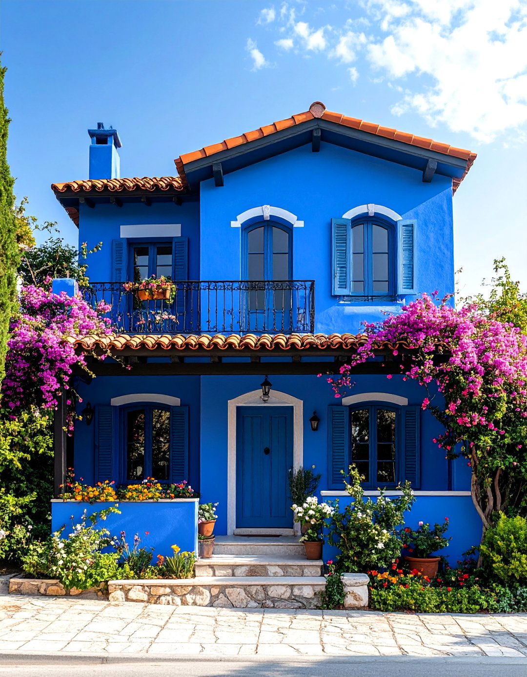Deep Blue Mediterranean with Black Iron Details - 25 Blue House With Black Trim Ideas