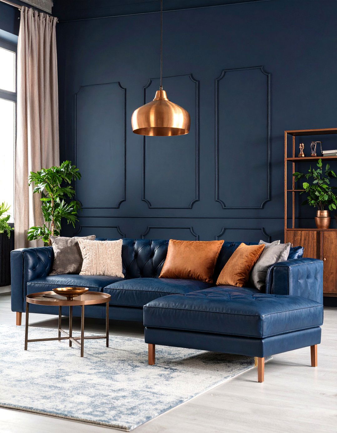Deep Blue and Copper Industrial Living Room - 25 Moody Living Room Ideas