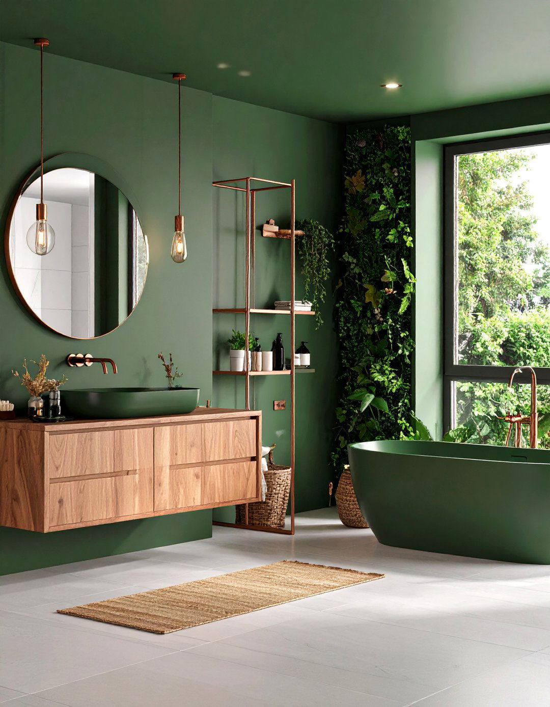 Deep Forest Green Bathroom with Copper Fixtures - 25 Bathroom Color Ideas