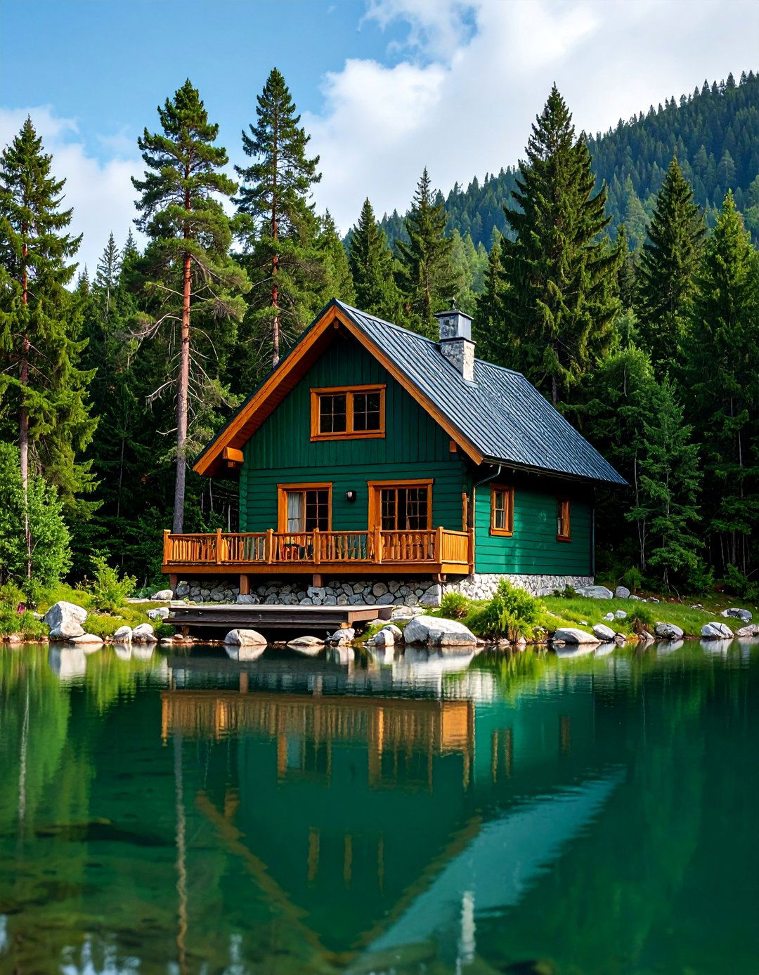 Deep Forest Green with Natural Wood Trim - 25 Lake House Exterior Colors Ideas