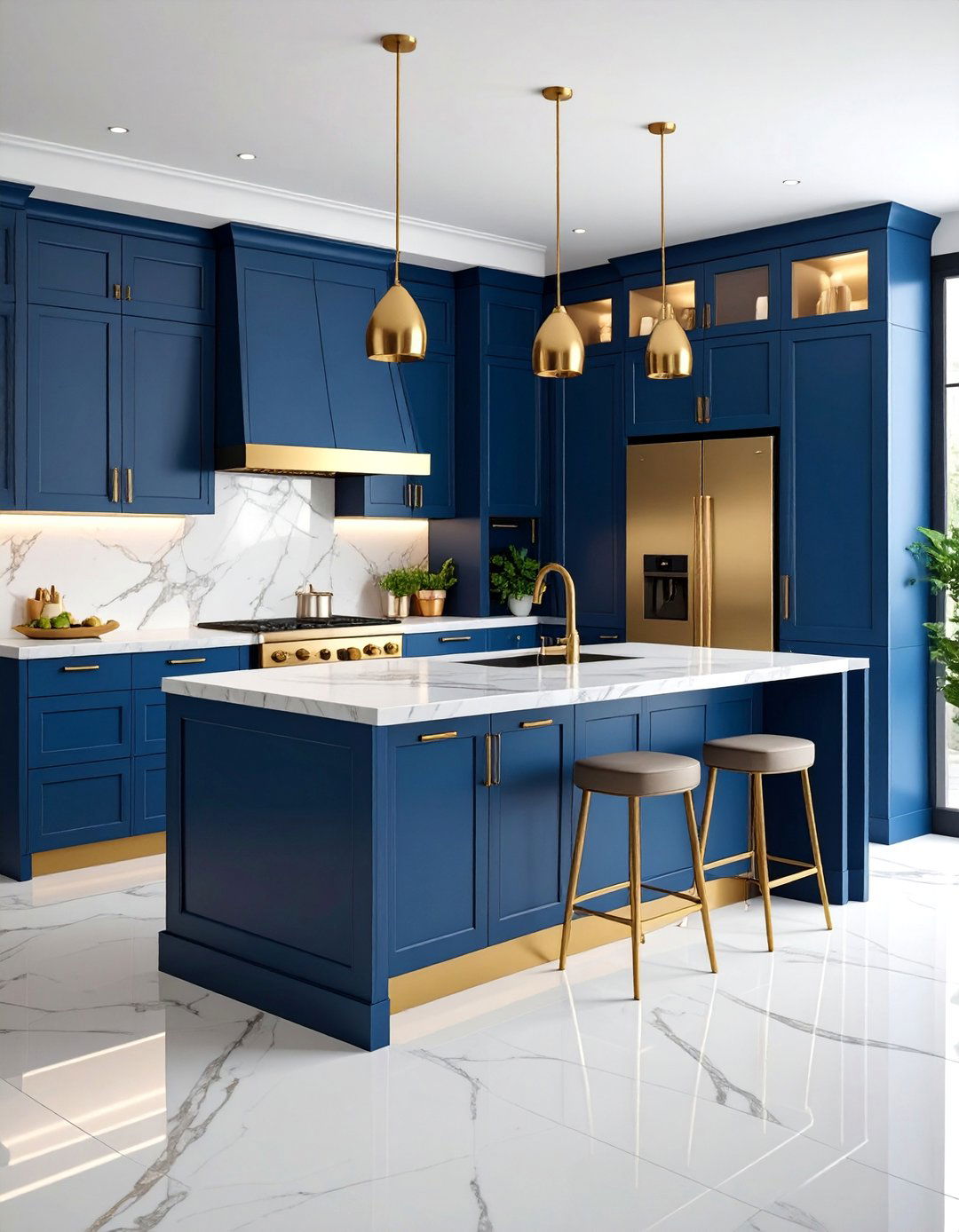 Deep Midnight Blue Kitchen with Gold Veined Marble - 25 Dark Kitchen Ideas