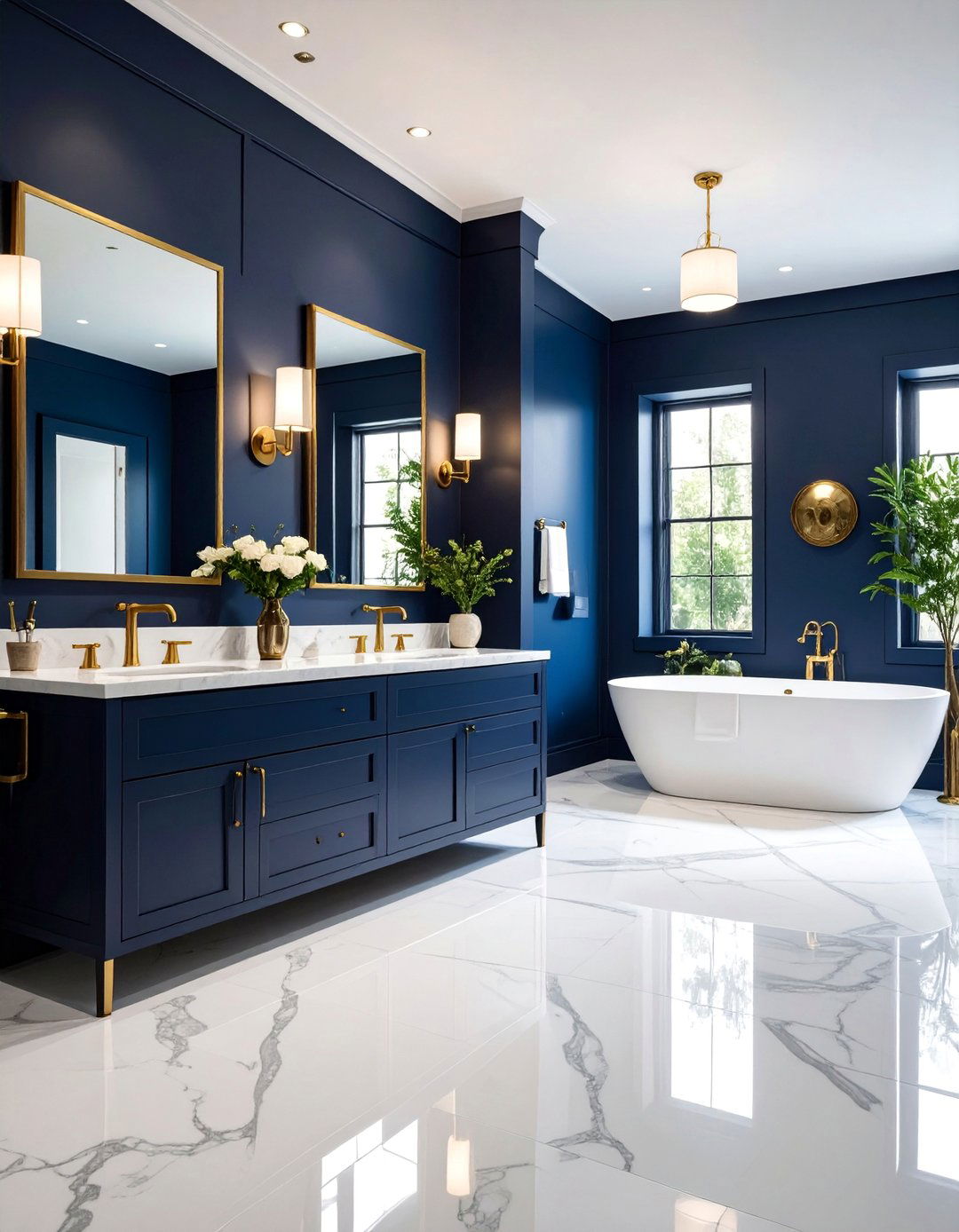 Deep Navy Blue Bathroom with Brass Accents - 25 Bathroom Color Ideas
