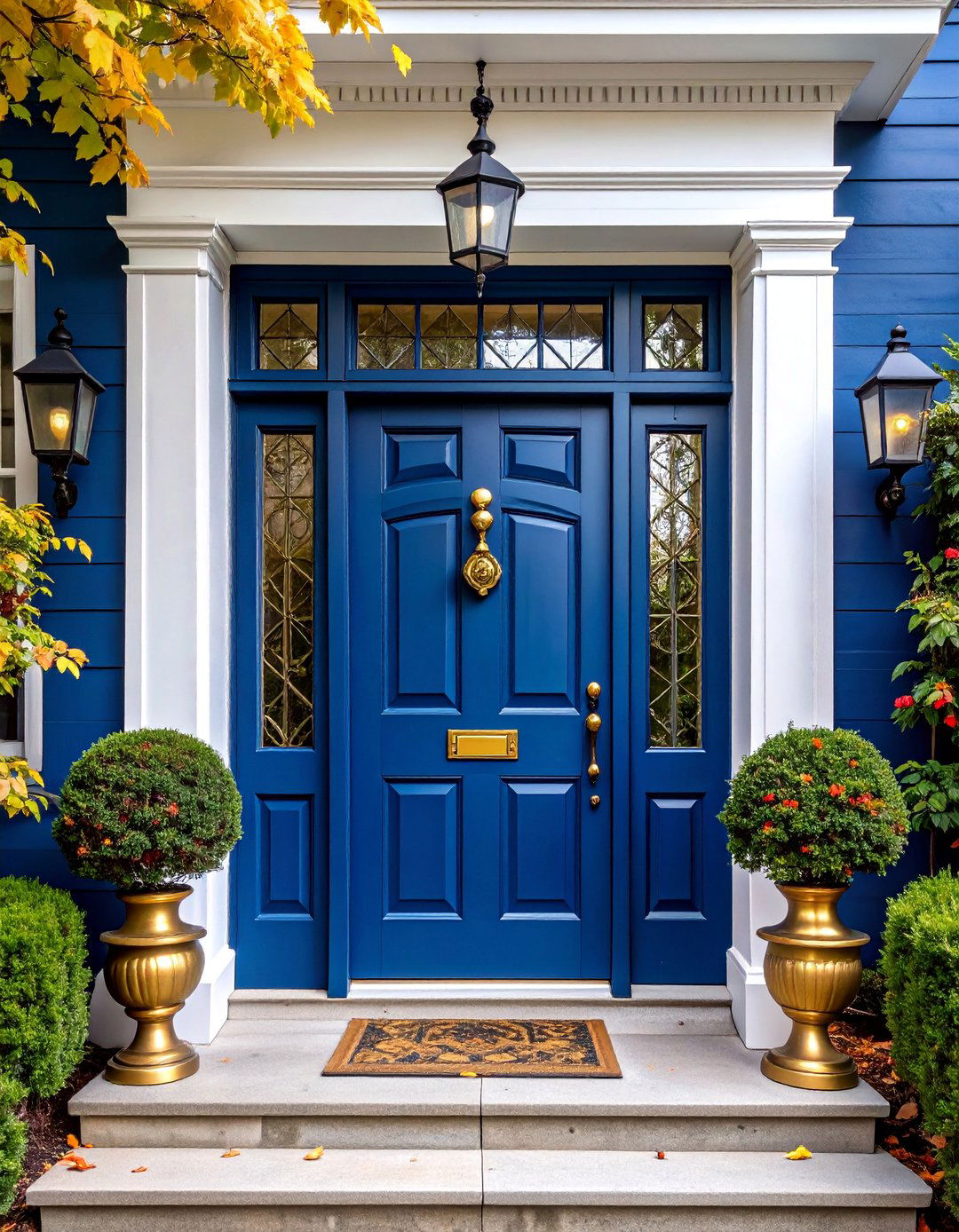 Deep Navy Blue with Brass Accents - 25 Front Door Color Ideas